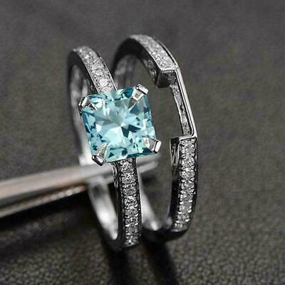 2.50 CT Princess Cut Aquamarine & Diamond Wedding Bridal Ring Set 925 Sterling Silver