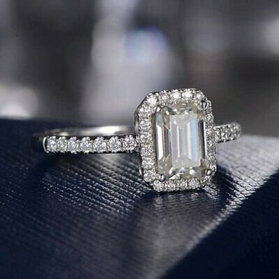 2 CT Emerald Cut Diamond 925 Sterling Sliver Engagement Halo Ring