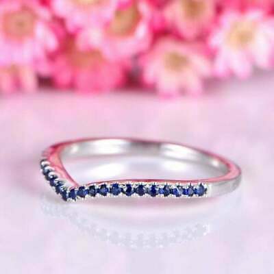 0.75 Ct Round Blue Sapphire V Shape Curved Wedding Band Ring 14k White Gold Over