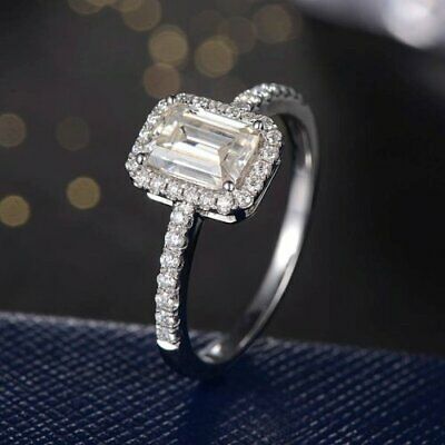 2 CT Emerald Cut Diamond 925 Sterling Sliver Engagement Halo Ring