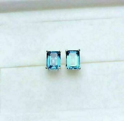 2 CT Emerald Cut London Blue Topaz Solitaire Stud Earrings 925 Sterling Sliver