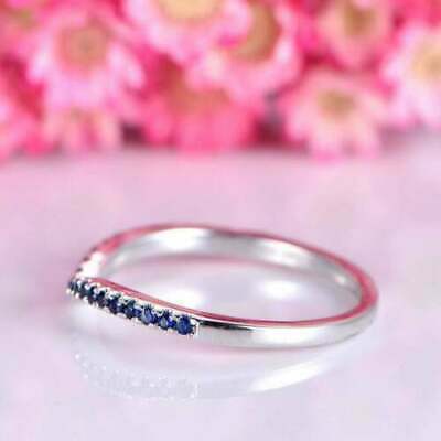 0.75 Ct Round Blue Sapphire V Shape Curved Wedding Band Ring 14k White Gold Over
