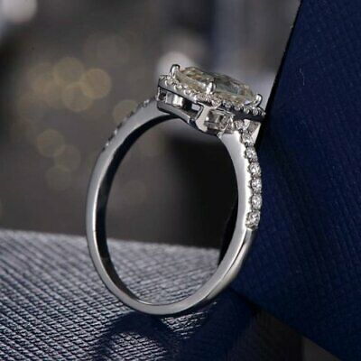 2 CT Emerald Cut Diamond 925 Sterling Sliver Engagement Halo Ring