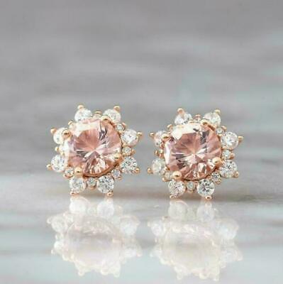 3CT Round Cut Peach Morganite Halo Stud Women's Earrings 925 Sterling Sliver