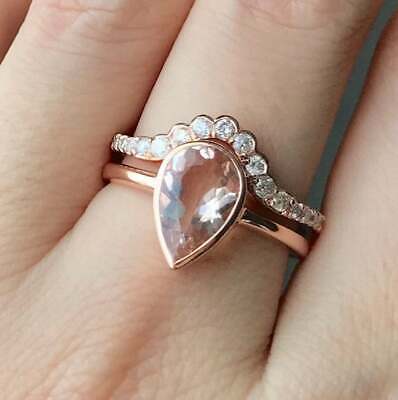 1 CT Pear Cut Peach Morganite Diamond 925 Sterling Silver Engagement Bridal Ring Set