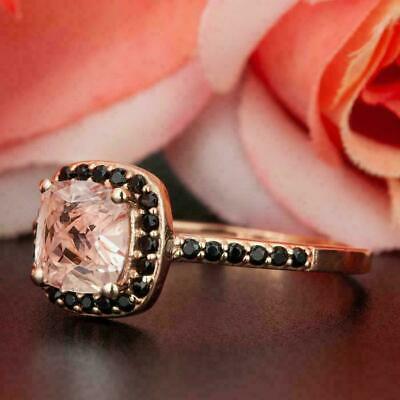 2.50 CT Cushion Cut Morganite & Black Diamond Halo Ring 925 Sterling Silver