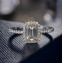 2 CT Emerald Cut Diamond 925 Sterling Sliver Engagement Halo Ring