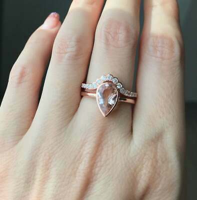 1 CT Pear Cut Peach Morganite Diamond 925 Sterling Silver Engagement Bridal Ring Set