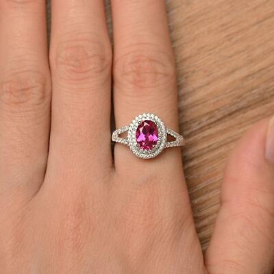 3 CT Oval Cut Pink Ruby Diamond Halo Wedding Ring For Her 925 Sterling Silver