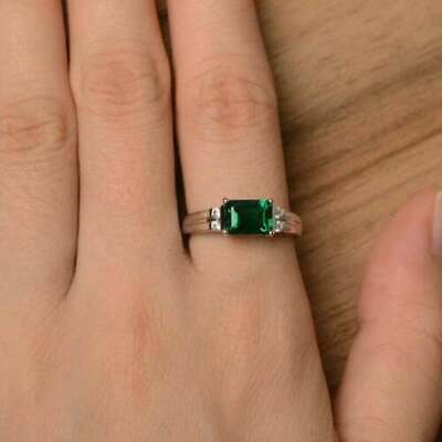 2 CT Emerald Cut Green Emerald Solitaire Engagement Ring 925 Sterling Silver