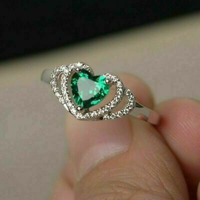 2 CT Heart Cut Green Emerald Diamond Engagement Ring 925 Sterling Silver
