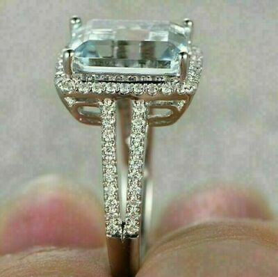 3 CT Emerald Cut Blue Aquamarine Diamond 925 Sterling Silver Halo Engagement Ring