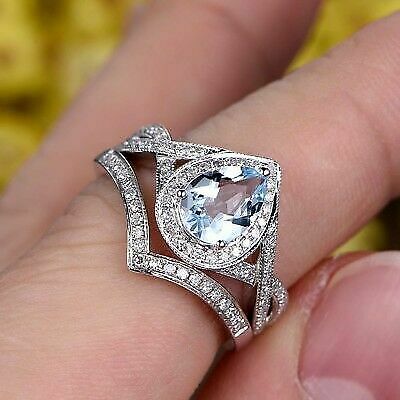 3 CT Aquamarine Pear Cut Diamond Halo Wedding Ring Set 925 Sterling Silver
