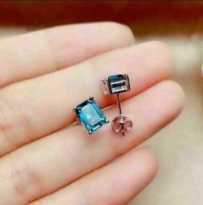 2 CT Emerald Cut London Blue Topaz Solitaire Stud Earrings 925 Sterling Sliver