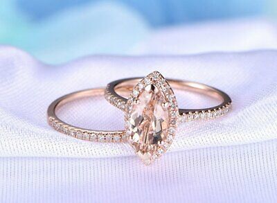 1.70 CT Marquise Cut Peach Morganite Halo Bridal Ring Set 925 Sterling Silver