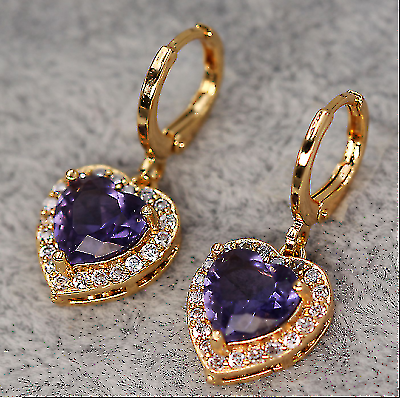 14K Rose Gold Over On 925 Sterling Silver 3 CT Heart Cut Purple Amethyst Flower Drop/Dangle Earrings