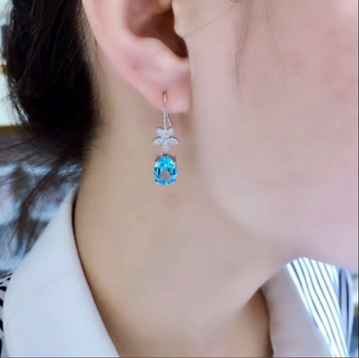 2 CT Oval Cut Aquamarine Vintage Drop & Dangle Earrings 925 Sterling Sliver