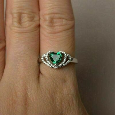 2 CT Heart Cut Green Emerald Diamond Engagement Ring 925 Sterling Silver