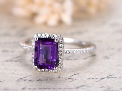 1 CT Emerald Cut Amethyst Solitaire Engagement Ring 925 Sterling Silver