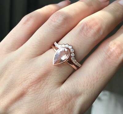 1 CT Pear Cut Peach Morganite Diamond 925 Sterling Silver Engagement Bridal Ring Set