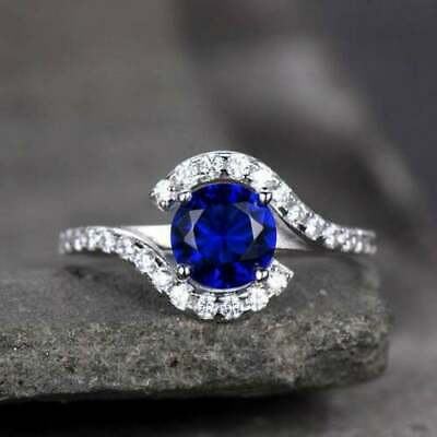 925 Sterling Silver 2.00 CT Round Blue Sapphire Curve Diamond Wedding Band Ring