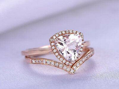CT Pink Morganite Trillion Cut Diamond Bridal Ring Set 925