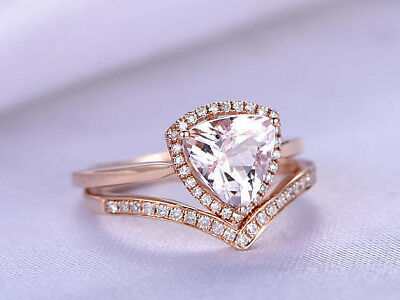 1.5 CT Pink Morganite Trillion Cut Diamond Bridal Ring Set 925 Sterling Silver