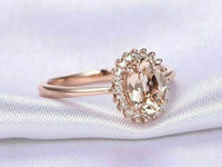 2 CT Oval Cut Peach Morganite Diamond Halo Wedding Ring 925 Sterling Silver
