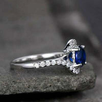 925 Sterling Silver 2.00 CT Round Blue Sapphire Curve Diamond Wedding Band Ring