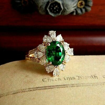 3 CT Oval Cut Green Emerald Diamond Engagement Ring 925 Sterling Silver