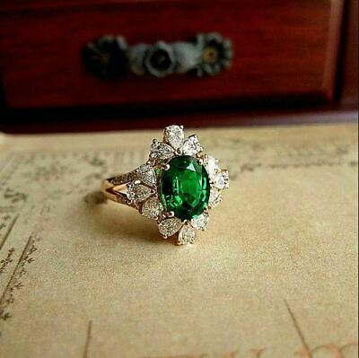 3 CT Oval Cut Green Emerald Diamond Engagement Ring 925 Sterling Silver