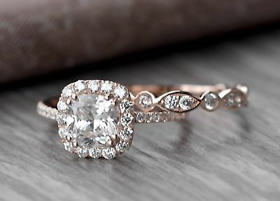 2.75 CT Cushion Cut Diamond Halo Ladies Wedding Bridal Ring Set 925 Sterling Silver