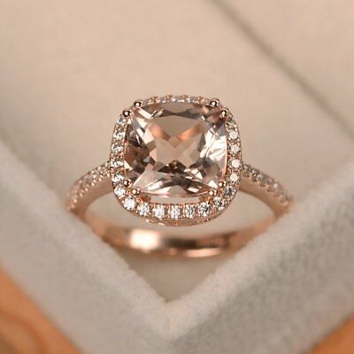 2 CT Cushion Cut Peach Morganite Solitaire Engagement Ring 925 Sterling Silver