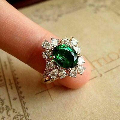 3 CT Oval Cut Green Emerald Diamond Engagement Ring 925 Sterling Silver