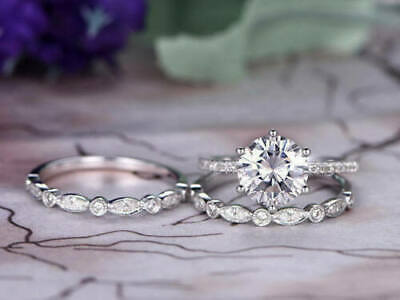 1 CT Round Cut Diamond 925 Sterling Silver Women's Wedding Trio Ring Sets