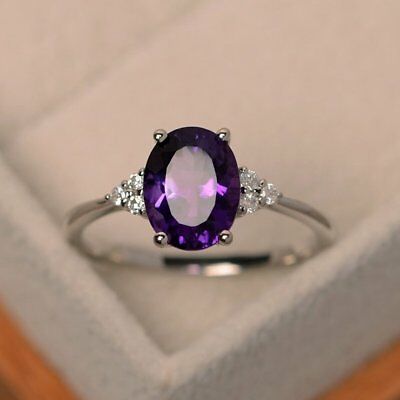 1 CT Oval Cut Amethyst Solitaire Engagement Ring Women 925 Sterling Silver