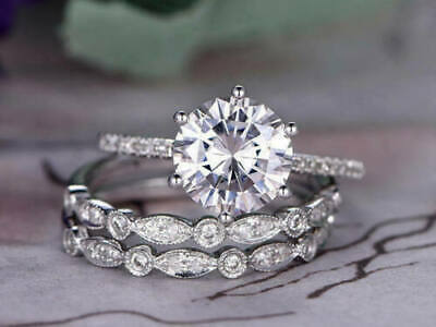 1 CT Round Cut Diamond 925 Sterling Silver Women's Wedding Trio Ring Sets