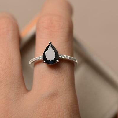 CT Engagement Ring Pear Cut Black Diamond Accent with Solitaire 925  Sterling Silver