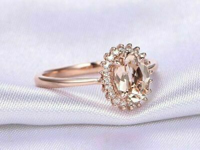 2 CT Oval Cut Peach Morganite Diamond Halo Engagement Wedding Ring 925 Sterling Silver