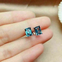 2 CT Emerald Cut London Blue Topaz Solitaire Stud Earrings 925 Sterling Sliver