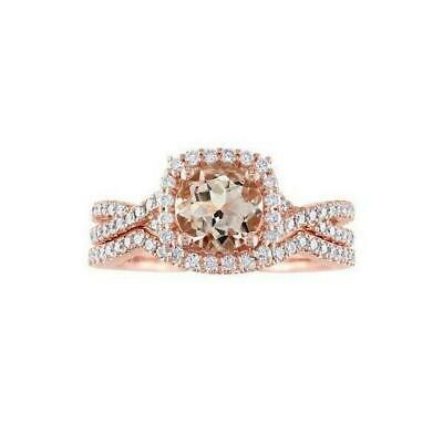 3 CT Round Cut Peach Morganite Diamond Bridal Set Ring 925 Sterling Silver