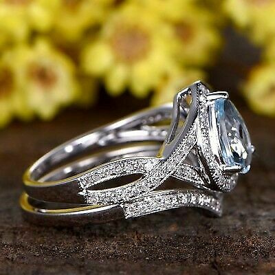 3 CT Aquamarine Pear Cut Diamond Halo Wedding Ring Set 925 Sterling Silver