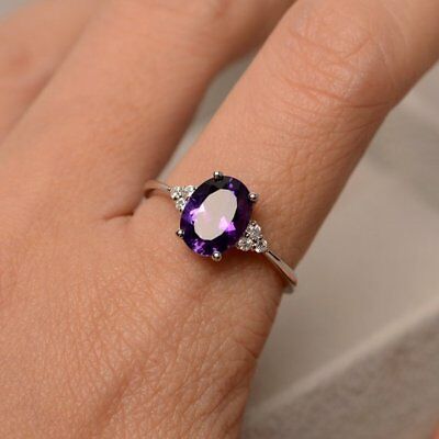 1 CT Oval Cut Amethyst Solitaire Engagement Ring Women 925 Sterling Silver