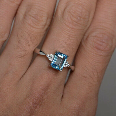 1 CT Emerald Cut Blue Topaz 925 Sterling Silver Women's Solitaire With Accents Ring