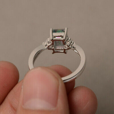 1 CT Emerald Cut Blue Topaz 925 Sterling Silver Women's Solitaire With Accents Ring