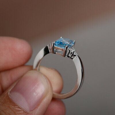 1 CT Emerald Cut Blue Topaz 925 Sterling Silver Women's Solitaire With Accents Ring