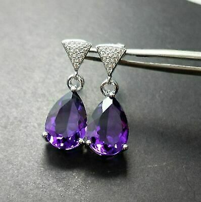 925 Sterling Silver 4 CT Pear Cut Purple Amethyst Drop & Dangle Earrings