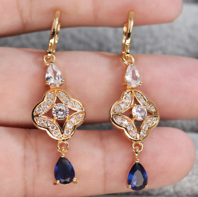 2 CT Pear Brilliant Cut Blue Sapphire 925 Sterling Silver Drop & Dangle Earrings