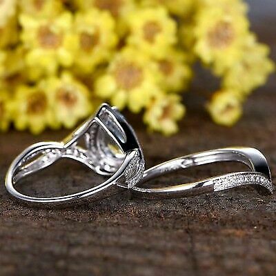 3 CT Aquamarine Pear Cut Diamond Halo Wedding Ring Set 925 Sterling Silver