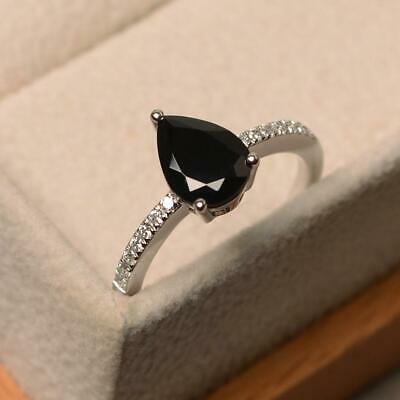 1.4 CT Engagement Ring Pear Cut Black Diamond Accent with Solitaire 925 Sterling Silver